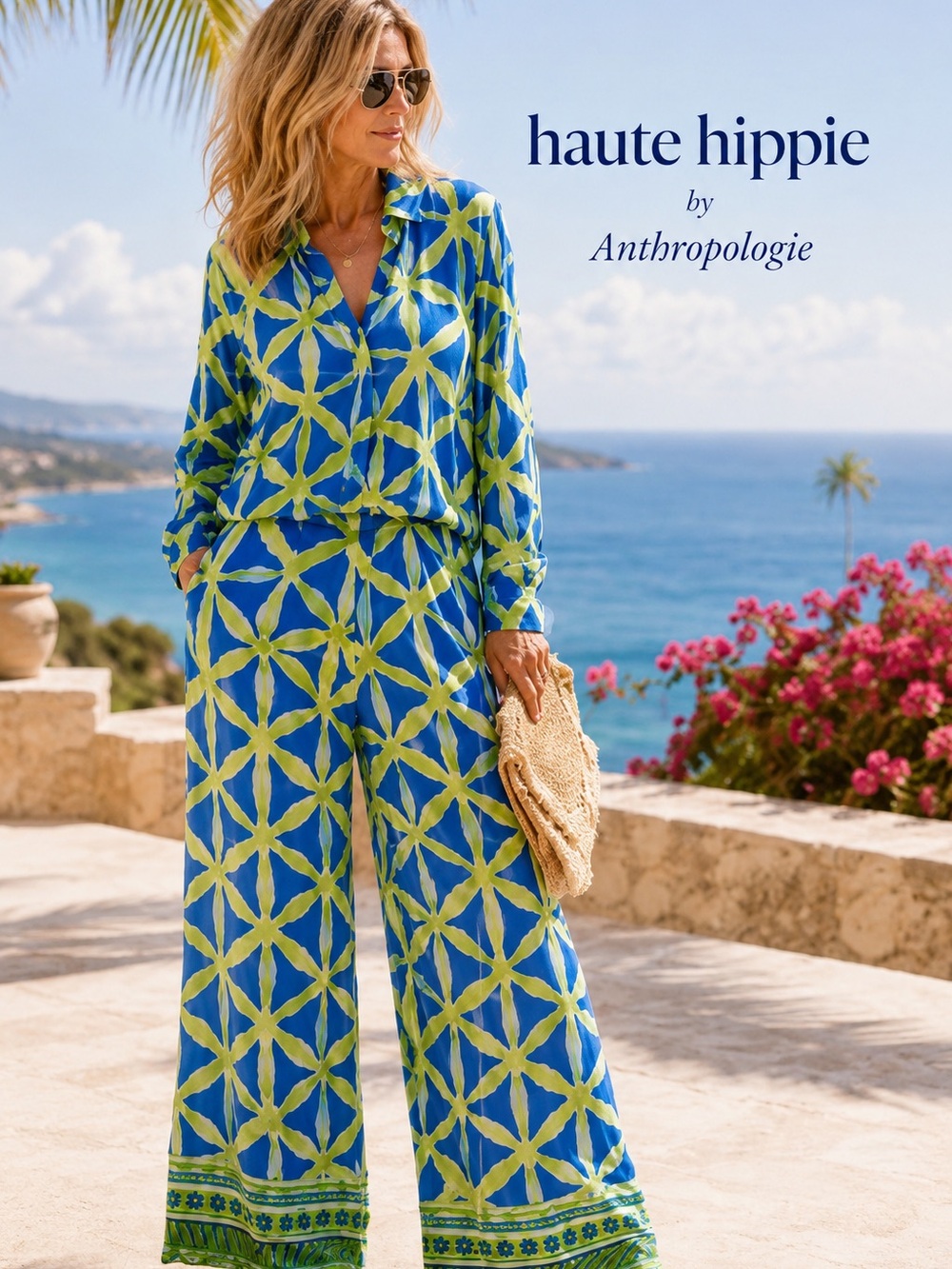Y2K Anthro’s Haute Hippie, Resort 2Pc Set Wide Leg Palazzo Pockets Vacay,Size M